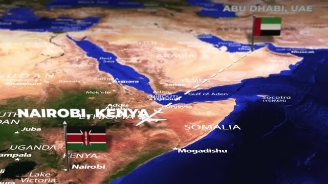 Flight from Abu Dhabi UAE to Nairobi KENYA with flag pins