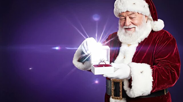 Santa Claus opens a glowing gift box. Magical surprise emerges with bright light. Festive holiday wonder for Christmas and New Year celebrations. video footage video footage