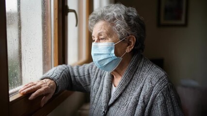 Elderly Woman Observes Rain, A Moment of Reflection During the Pandemic, Anxious Senior Lady in Mask Gazing at Rain-Streaked Window - Powered by Adobe