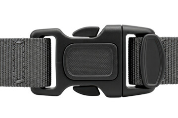 Black plastic quick-release buckle connected to grey webbing belt on a transparent background