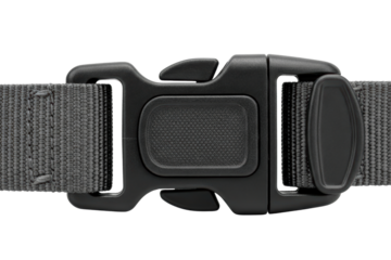 Black plastic quick-release buckle connected to grey webbing belt on a transparent background