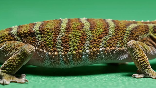 Macro pan shot of a lizard revealing intricate skin patterns and subtle movements, captured in high clarity on a green screen for easy background replacement