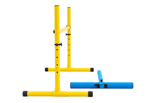 Yellow and blue plastic dog agility hurdle set for training courses on a transparent background