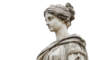Ancient greek woman statue isolated on transparent background, showcasing intricate details of her draped clothing and serene expression, embodying classical beauty and grace