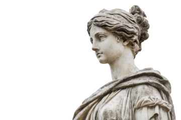 Ancient greek woman statue isolated on transparent background, showcasing intricate details of her draped clothing and serene expression, embodying classical beauty and grace