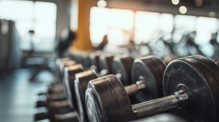 Close-up of dumbbells on a rack in a bright, modern gym interior.