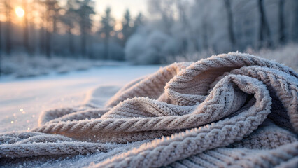 Knitted wool fabric covered in frost with soft winter forest sunrise full hd 4k stock image download background
