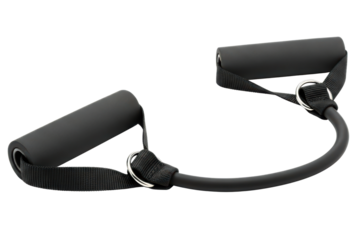 Black rubber resistance band with handles for fitness training on a transparent background