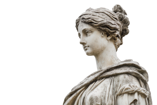 Ancient greek woman statue isolated on transparent background, showcasing intricate details of her draped clothing and serene expression, embodying classical beauty and grace