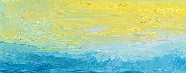 Abstract Oil Paint Texture Background with Soft Yellow and Light Blue Impasto Brushstrokes
