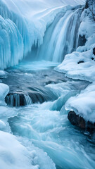 Frozen Waterfall Cascading Through Icy Blue Water and Snow Covered Rocks full hd 4k stock image download
