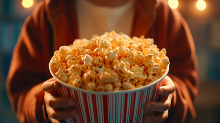 Person holding popcorn bucket enjoying movie night