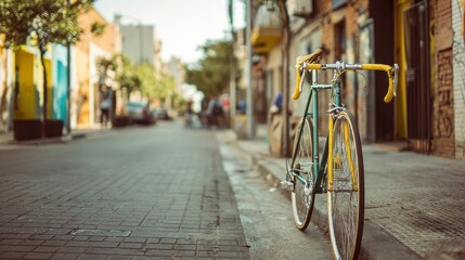 Vintage fixed gear bicycle parked on a city sidewalk on a sunny day.