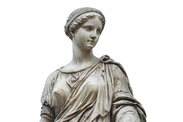 Elegant roman woman statue isolated on transparent background, adorned with flowing robes and a delicate headband, capturing the essence of roman artistry and feminine charm
