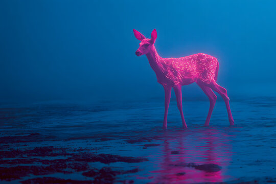 futuristic fawn glowing in hot pink against deep blue ocean shadows creating a surreal bioluminescent scene