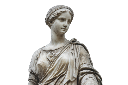 Elegant roman woman statue isolated on transparent background, adorned with flowing robes and a delicate headband, capturing the essence of roman artistry and feminine charm
