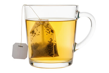 Clear glass mug with hot yellow herbal tea and brewing bag on a transparent background