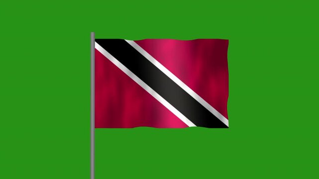 Flag of Trinidad and Tobaco, Pole flag of Trinidad and Tobaco on Green screen chroma key, Trinidad and Tobaco 3D Animation flag waving in the wind isolated on Green Background. 
