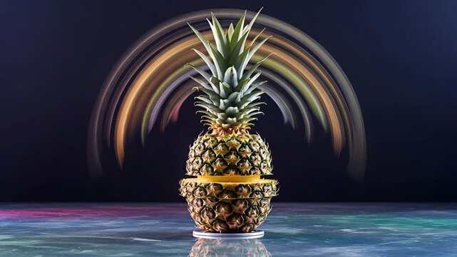 Artistic sliced pineapple with dynamic light arcs on a modern textured surface
