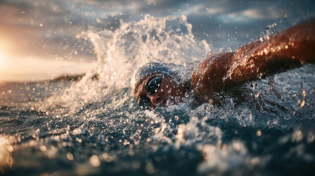 Energetic close-up of a swimmer doing freestyle stroke with splashing water - Powered by Adobe