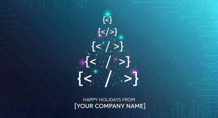 Digital Christmas tree design with coding elements for holiday greetings  