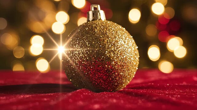 Golden Christmas bauble sparkling on red velvet surface with twinkling background lights. Festive holiday ornament macro sequence for winter decorations and New Year celebrations. video footage video