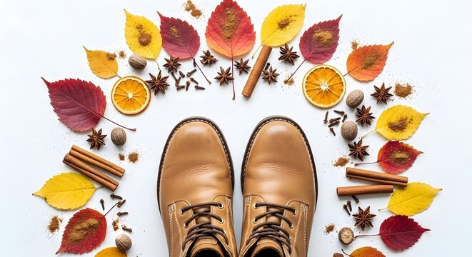 Autumn boots with leaves and spices create a warm and inviting seasonal display