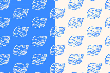 Seashell mollusks hand drawn seamless pattern on blue beige background for nautical merchandise. Marine conch animal engraving doodle pattern background. Ocean shellfish hatching motif wallpaper