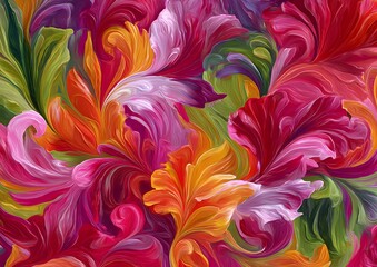Colorful Abstract Painting with Swirling Leaf Patterns in Red, Pink, Yellow, Green, and Purple


