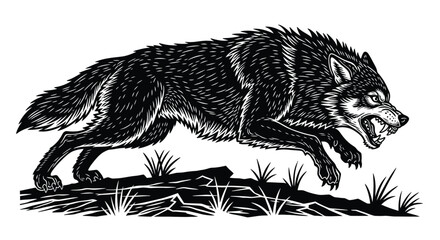 A fierce black wolf, with detailed fur and sharp teeth, captured in a dynamic running pose, embodying strength and wildness