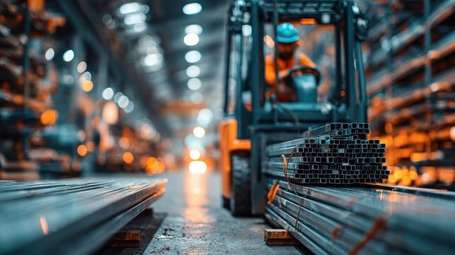 Warehouse forklift operator moving metal beams stock product delivery