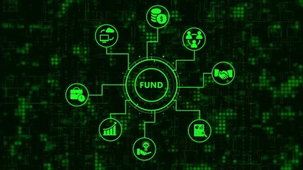 Digital fund concept with interconnected financial icons illustrating investment, banking, growth, security, and global economic strategies on a vibrant green technology background - Powered by Adobe