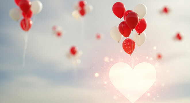 Floating red and white balloons against a soft cloudy sky, heart-shaped negative space in the lower third, whimsical Valentine's Day celebration, bright and uplifting - Powered by Adobe