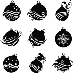 Christmas holiday black silhouette ornaments decoration collection with abstract swirl design winter season vector illustration element on white background for greeting card creation purpose.