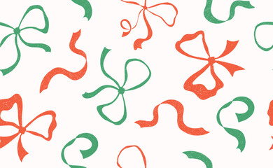 Hand drawn pastel crayon bow seamless pattern with stripes. Whimsical Christmas red, green bowknots. Vintage background for Xmas, wedding, birthday. Coquette vector illustration.