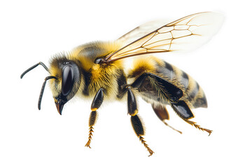 Detailed closeup of a bee isolated on transparent background, highlighting its fuzzy body, intricate wings, and delicate legs against a stark backdrop