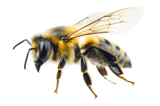 Detailed closeup of a bee isolated on transparent background, highlighting its fuzzy body, intricate wings, and delicate legs against a stark backdrop