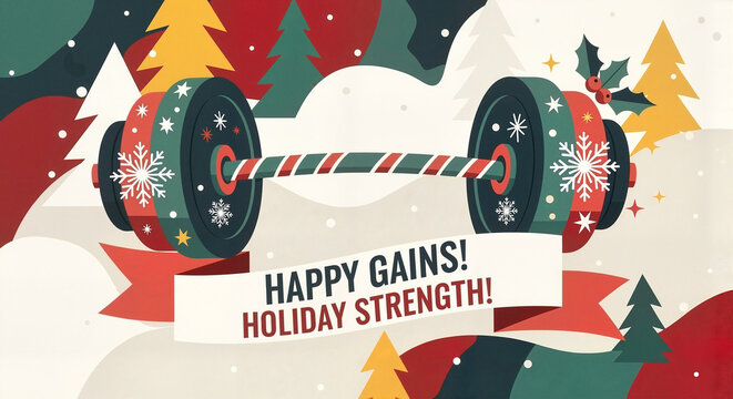 Holiday-themed barbell with festive decorations and motivational text  