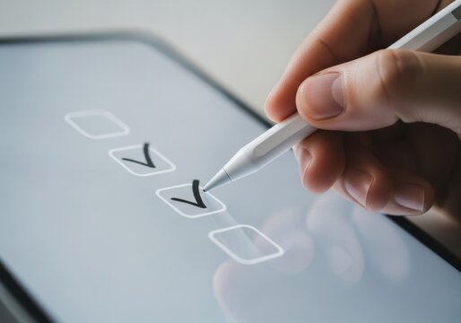 Close up of a hand using a stylus to check items off a digital checklist on a tablet screen