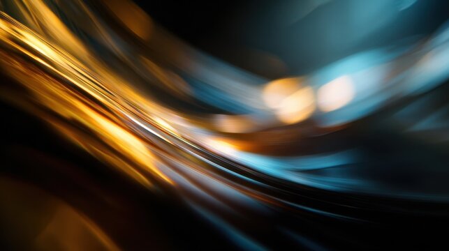 Dynamic abstract light trails in golden and blue hues on a dark background