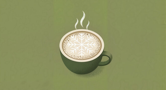 Green cup of coffee with snowflake design on surface for New Year's and Christmas banners  