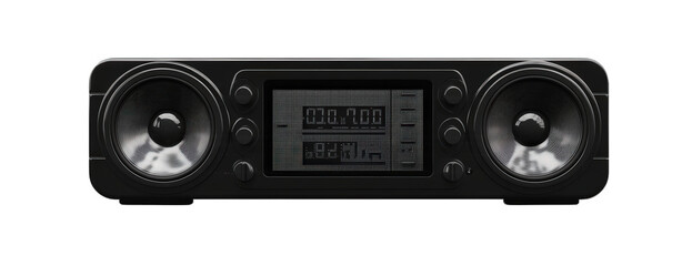 A sleek black soundbar with dual speakers and a central display, isolated on transparent background perfect for home entertainment and audio enthusiasts alike