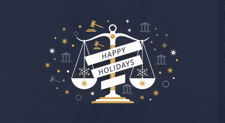 Scales of justice with gavel and holiday decorations for New Year's and Christmas banners  