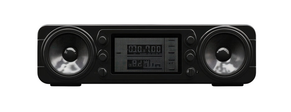 A sleek black soundbar with dual speakers and a central display, isolated on transparent background perfect for home entertainment and audio enthusiasts alike