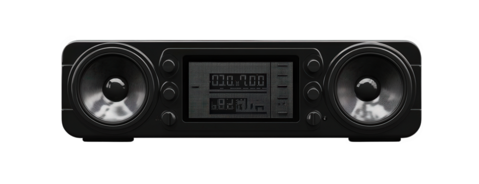 A sleek black soundbar with dual speakers and a central display, isolated on transparent background perfect for home entertainment and audio enthusiasts alike