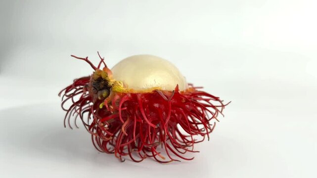 Fresh red rambutan fruit with white flesh isolated on white background