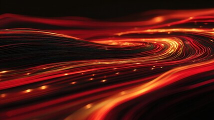 Glowing red and orange light trails form an abstract wave pattern.