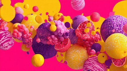 Dynamic Abstract Composition with Colorful Fruits and Textured Spheres