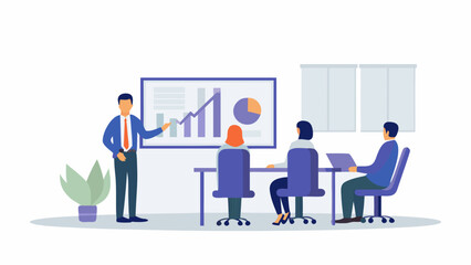 Business meeting with a presenter showing a financial graph and data on a screen to colleagues in a modern office