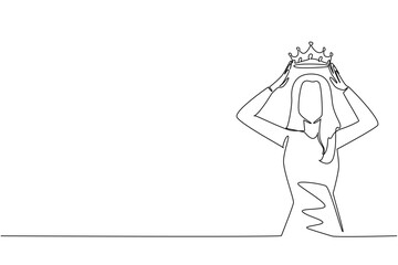 Single line draw of a woman place adjusting her crown, a health concept. Celebrates identity, pride, and equal rights within a supportive global community. International Albinism Awareness Day event.